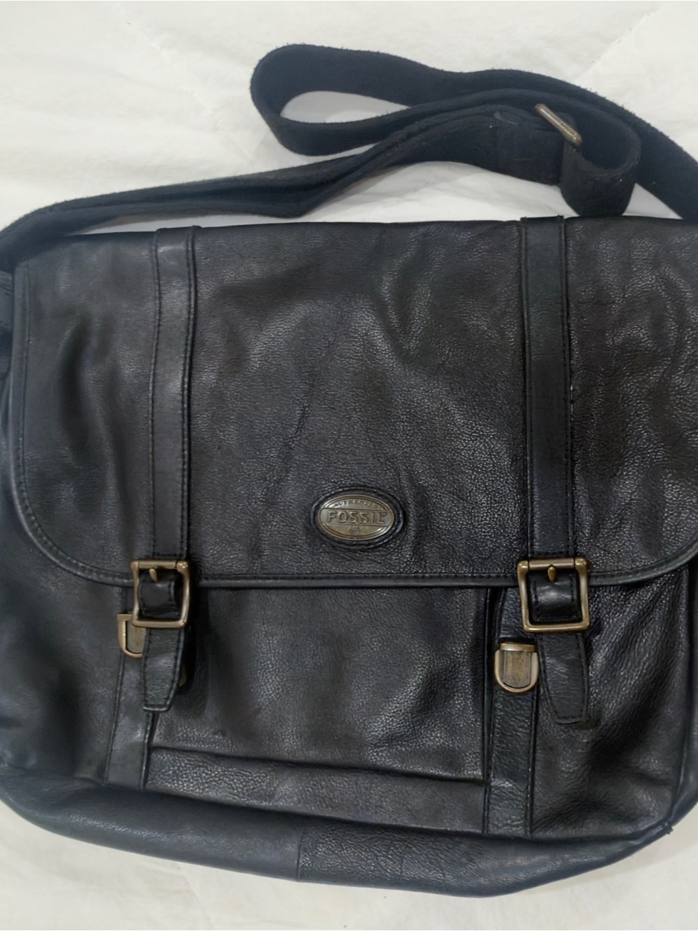 Fossil Black Leather Messenger Crossbody Bag with Brass Hardware